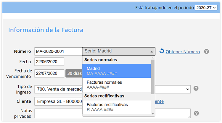 Ejemplo de nueva serie de numeración