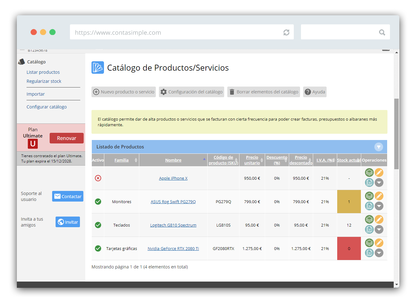 Catalogo de productos en Contasimple