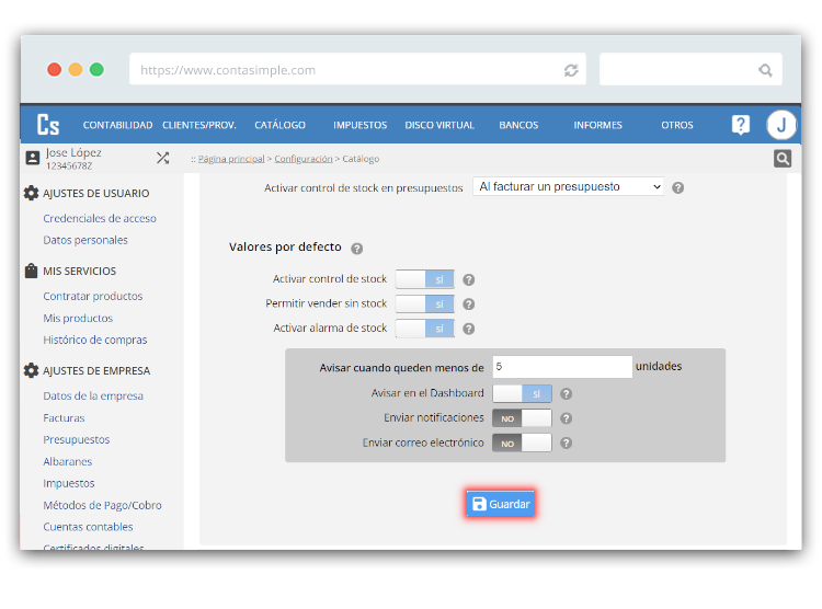 Guardar configuración control de stock automática