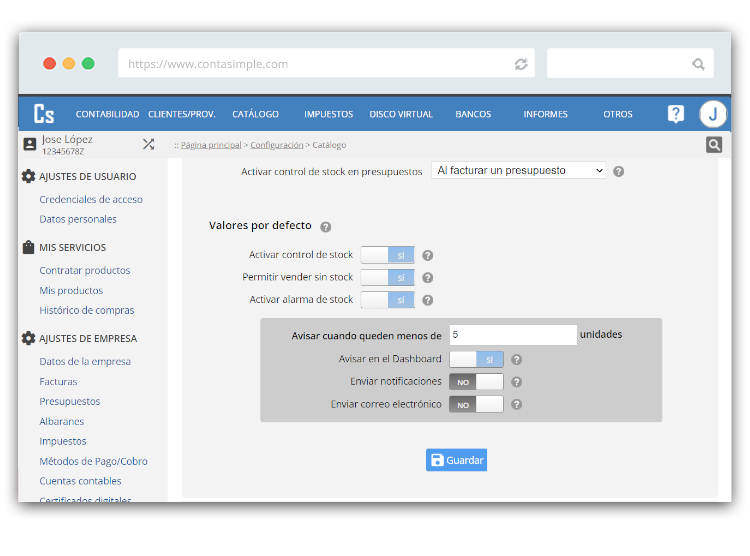 Valores por defecto control de stock