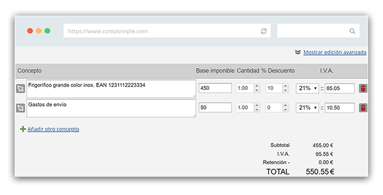 Concepto de descuento en factura ECommerce