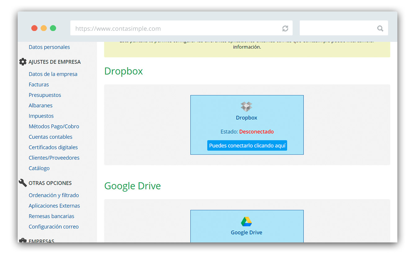 Pantalla de configuración de dropbox