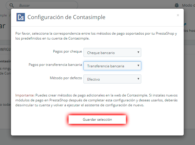 Seleccionar los métodos de pago correspondientes entre PrestaShop y Contasimple