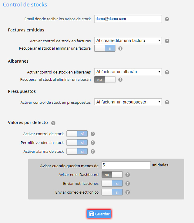 Configuración control de stock