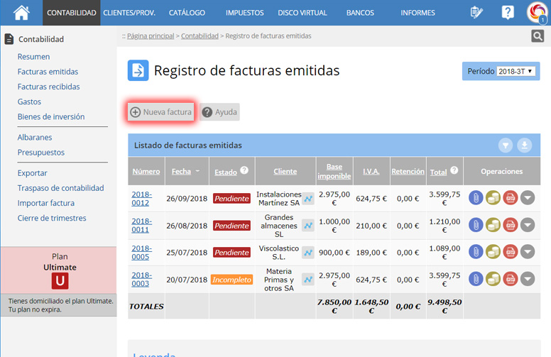 Acciones del módulo de contabilidad