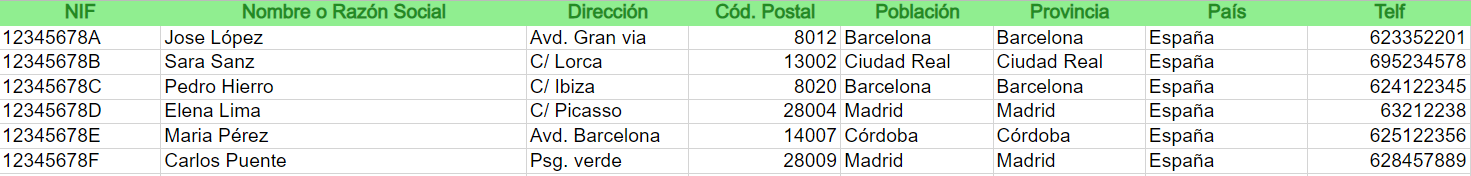 Excel de ejemplo para clientes