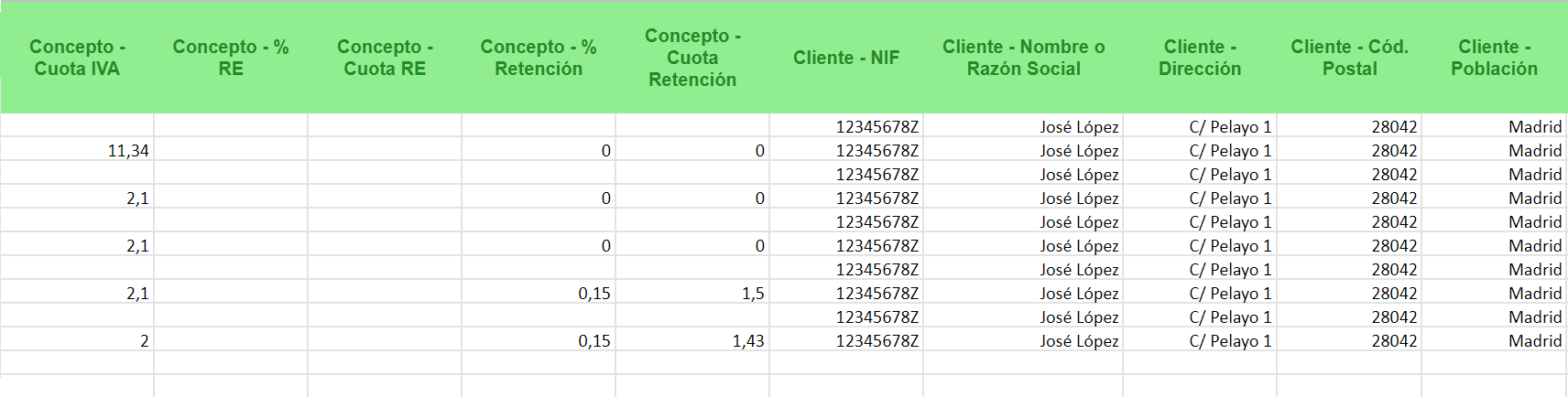 Excel de ejemplo para facturas emitidas