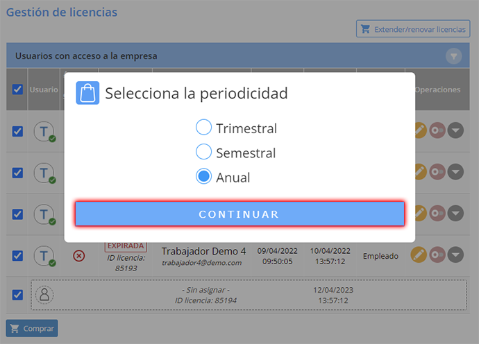 Extender licencias periodicidad