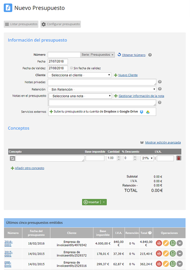 Rellena datos del presupuesto