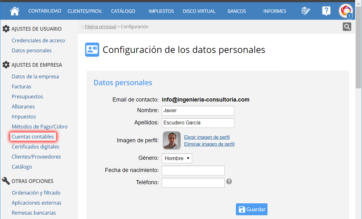 Ubicación del botón cuentas contables