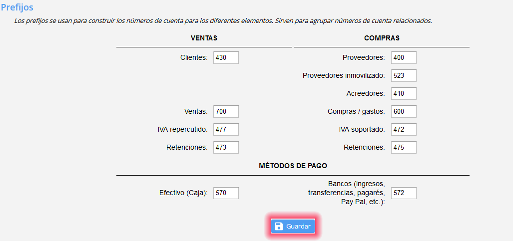 Configuración de los prefijos de cuentas