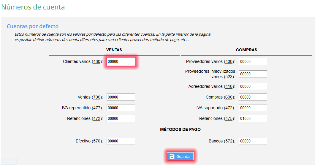 Configuración de los números de cuenta para las cuentas genéricas