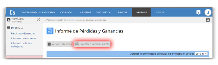 Exportación de informe de pérdidas y ganancias