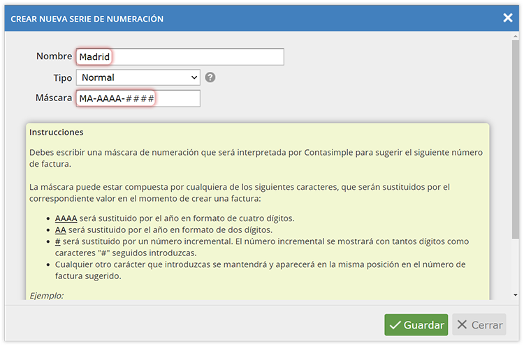 Configurar nueva serie de numeración