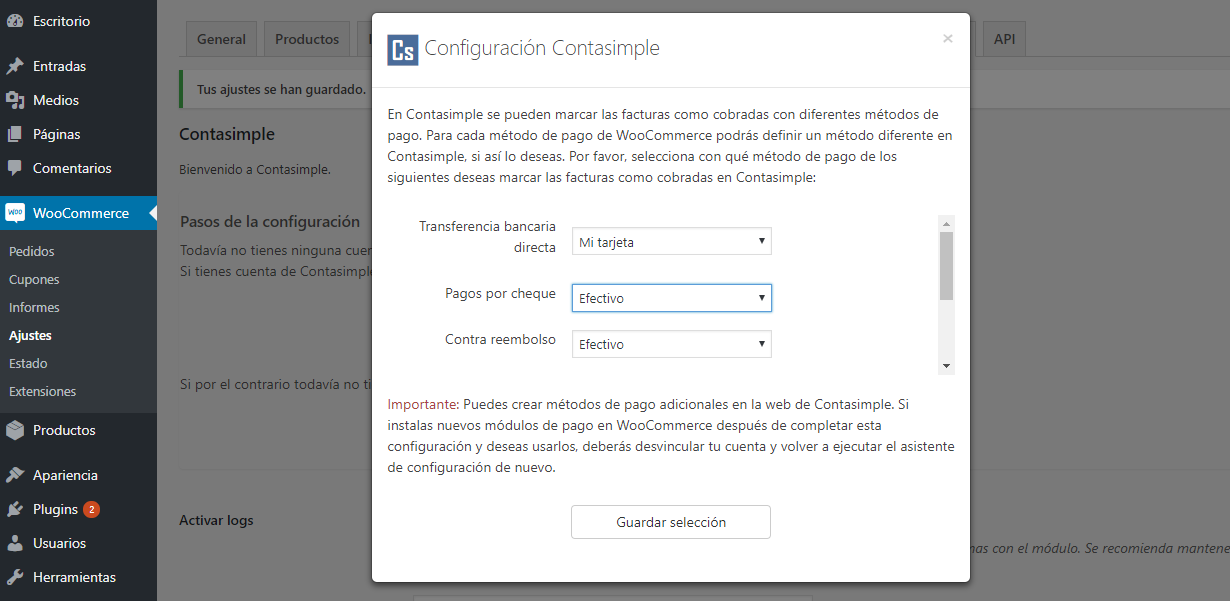 Seleccionar los métodos de pago correspondientes entre WooCommerce y Contasimple