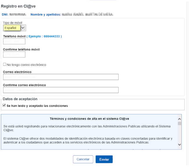 Campos Registro Cl@ve PIN