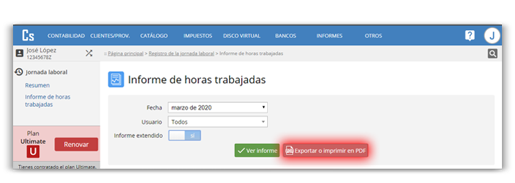 Exportación de informe de control horario de tus trabajadores