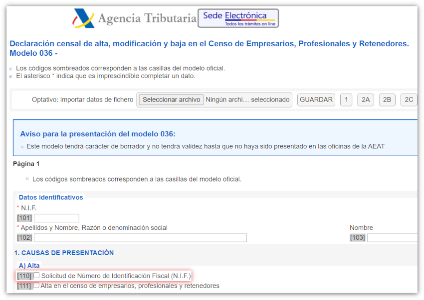 Modelo 036 - Sol·licitud de Número d'Identificació Fiscal