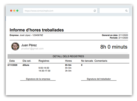 Informe de registre de la jornada laboral per a signar