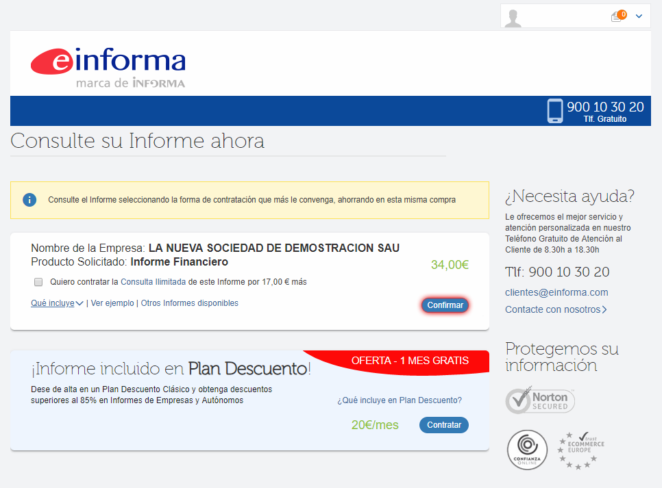 Proceso de compra en la web de eInforma