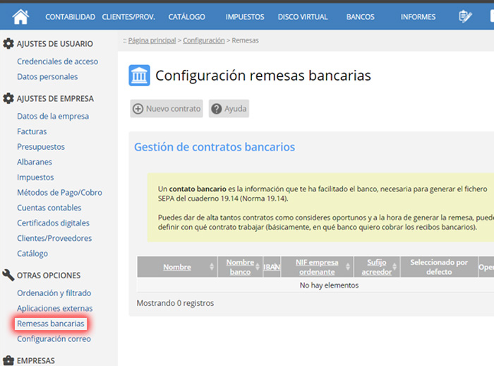 Configurar contrato bancario