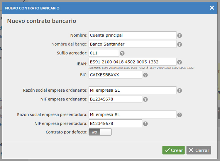 Configurar contrato bancario