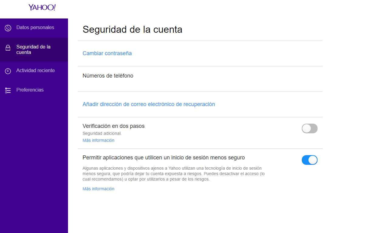 Activar aplicaciones menos seguras en Yahoo.