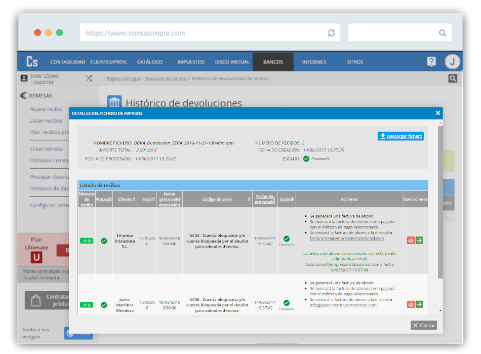 Histórico de devoluciones SEPA