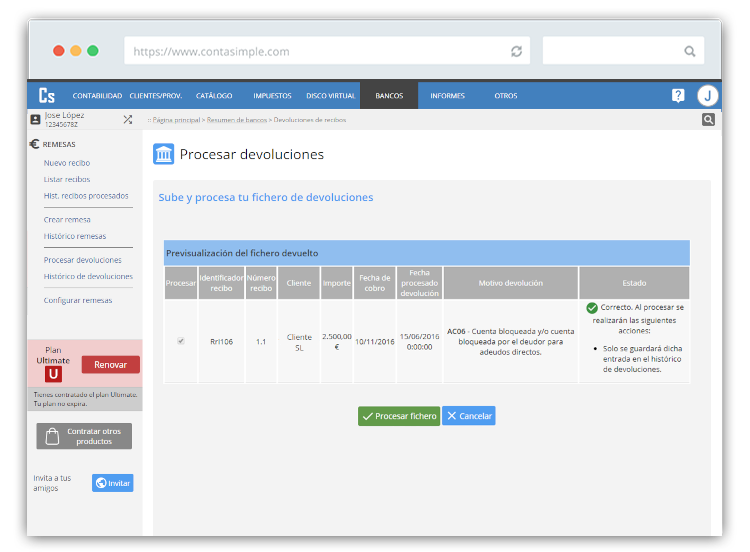 Previsualización devolución SEPA