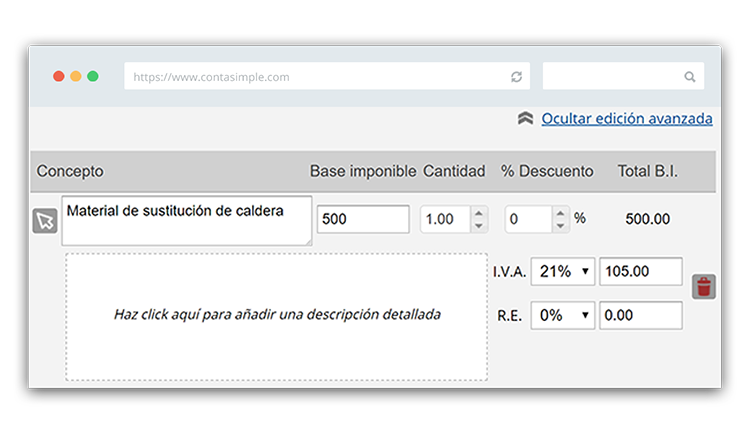 Edición avanzada de factura para carpinteros, fontaneros, electricistas o pintores