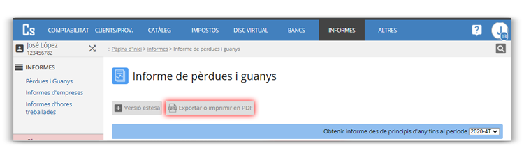 Exportació d'informe de pèrdues i guanys