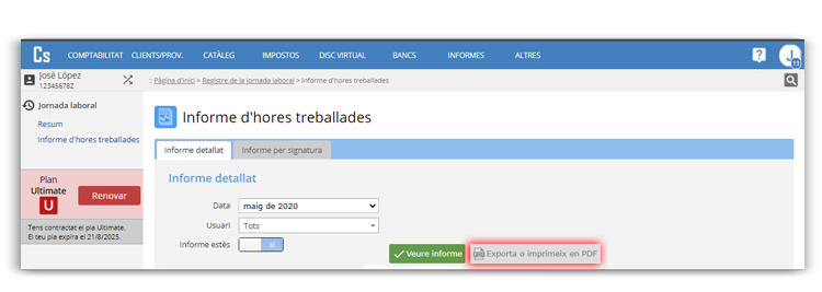 Exportació d'informe de control horari dels teus treballadors