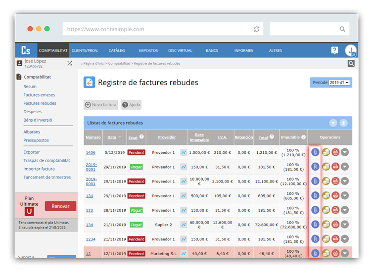 Registre de factures rebudes