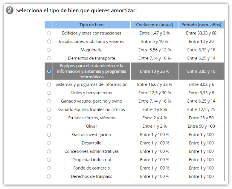 Selecciona el tipo de bien que quieres amortizar
