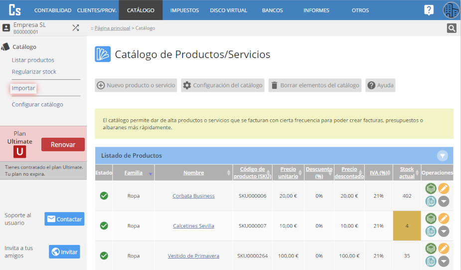 Importar productos en el catálogo