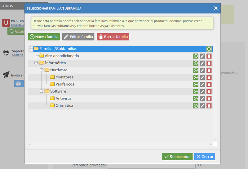 Seleccionar familia/subfamilia