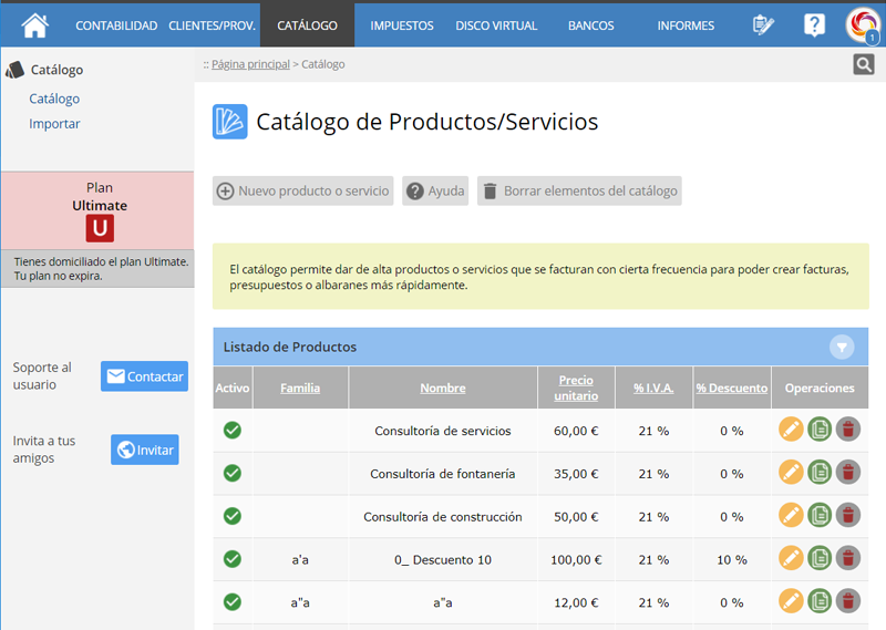 Listado de productos del catálogo
