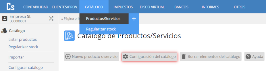 Configuración del catálogo