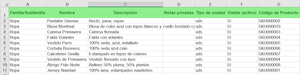 Excel de ejemplo para productos o servicios de catálogo. Columnas A a G