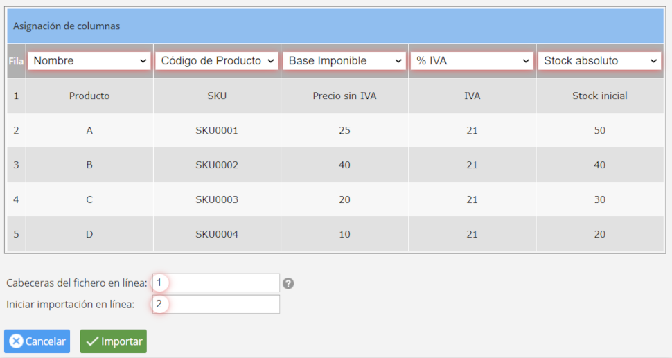 Importación de productos en excel