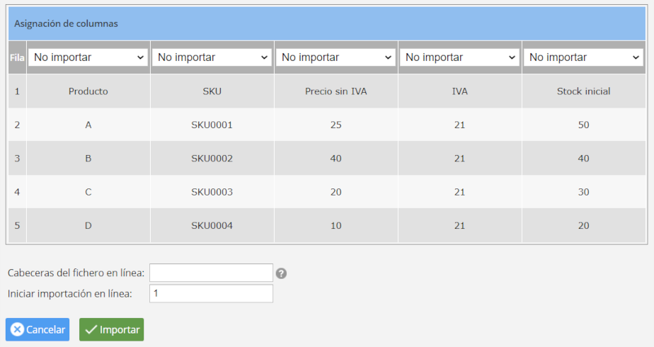 Asignación de columnas y filas de tu excel
