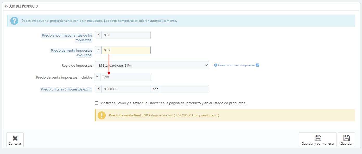Introducción de precios del producto sin IVA