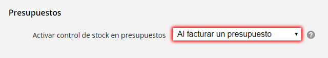 Control stock facturar presupuesto