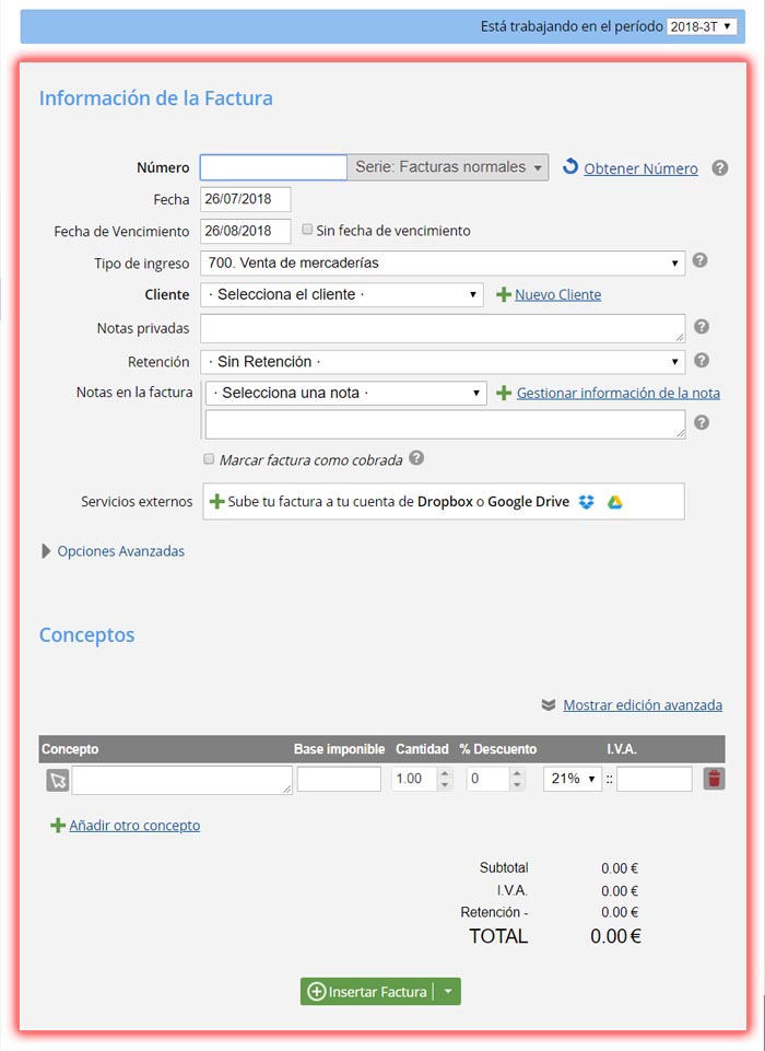 Acciones del módulo de contabilidad