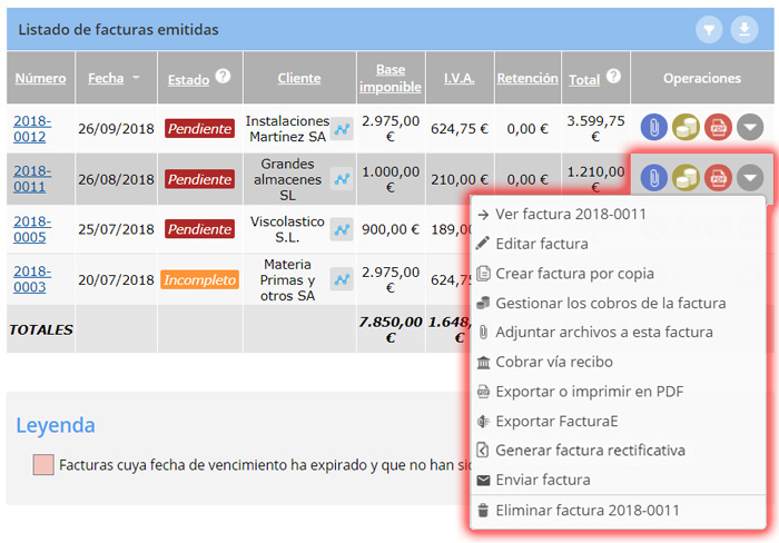 Acciones del módulo de contabilidad