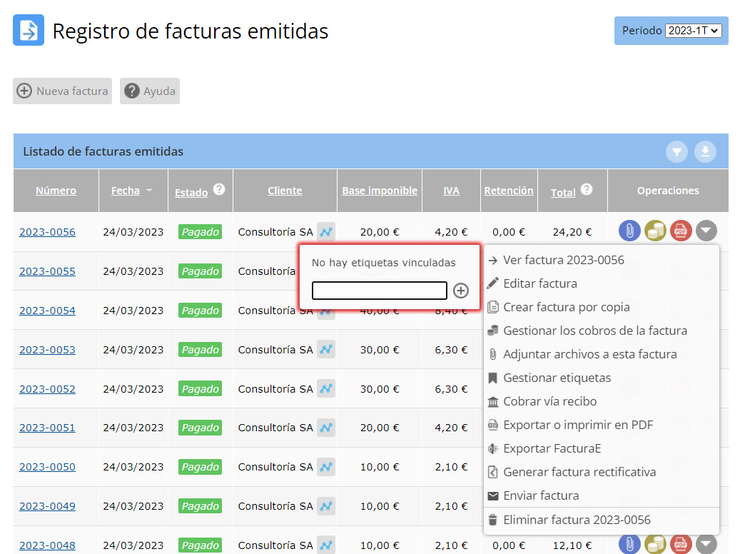 Ventana gestionar etiquetas
