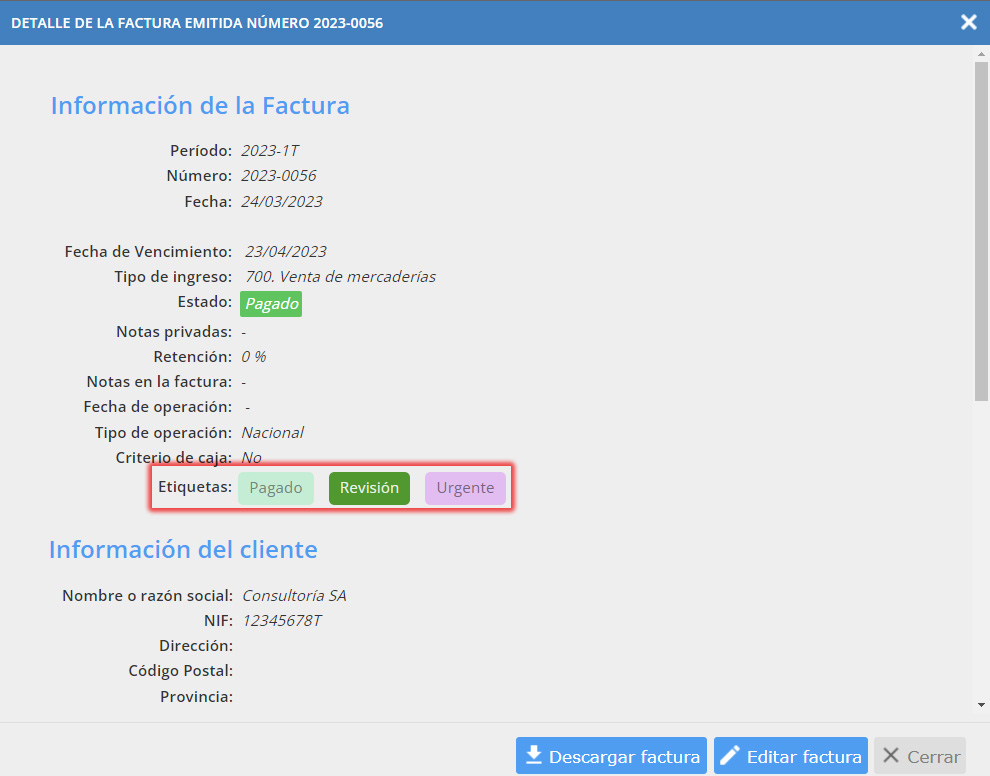 Etiquetas vinculadas a la factura