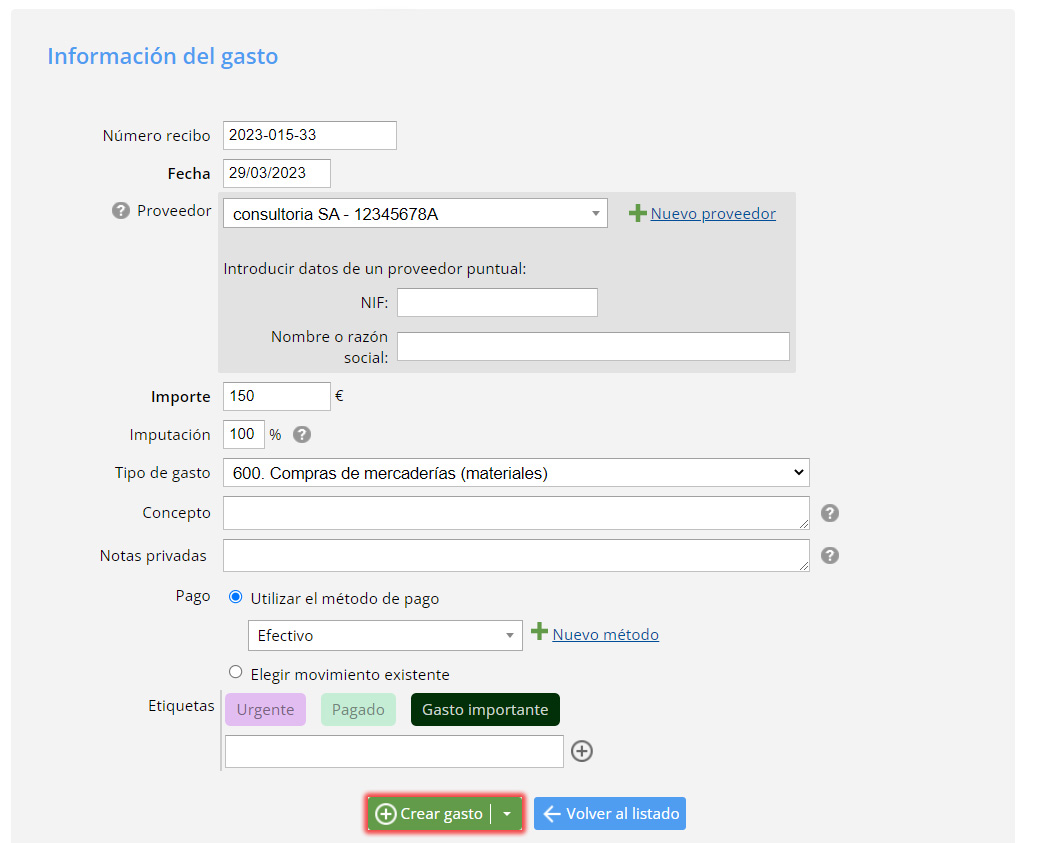Crear nuevo gasto