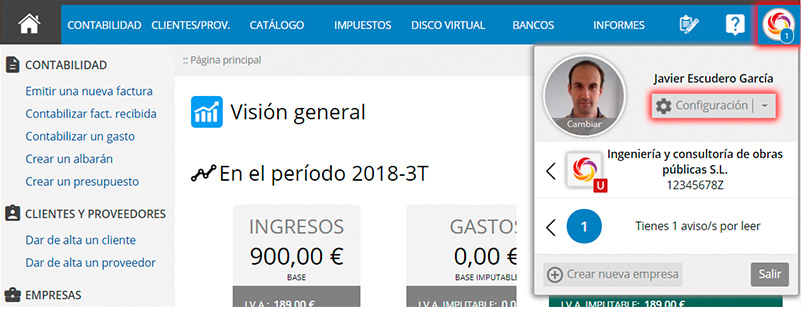 Botón de acceso a la configuración de Contasimple.