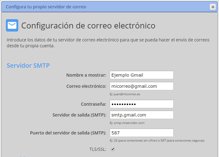 Imagen con los datos de configuración de Gmail.